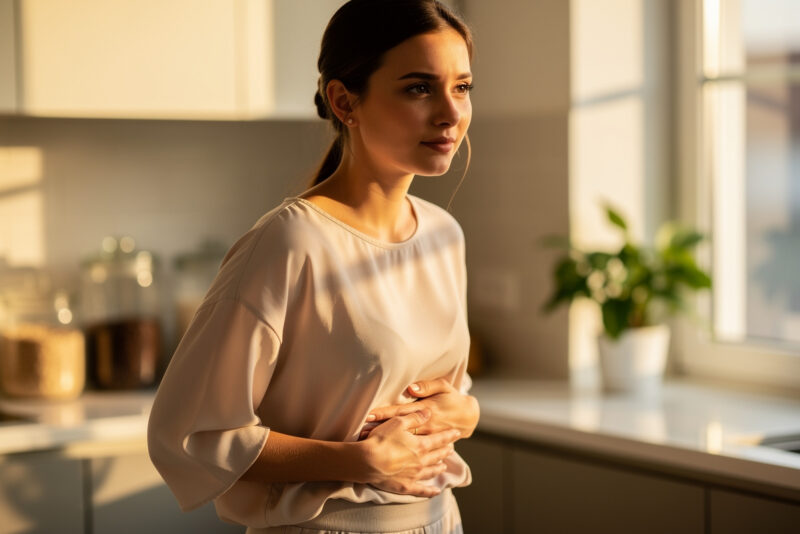 Ventre gonflé sous la poitrine : causes et solutions femme